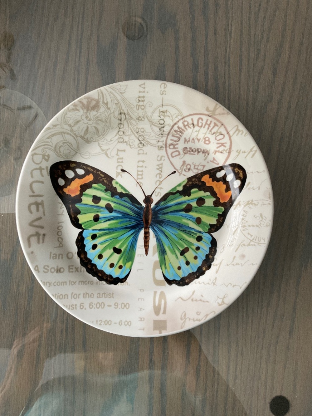 PIER 1 IRONSTONE BUTTERFLY POSTAGE STAMP PLATE . VIBRANT COLORS, 9” DIAMETER